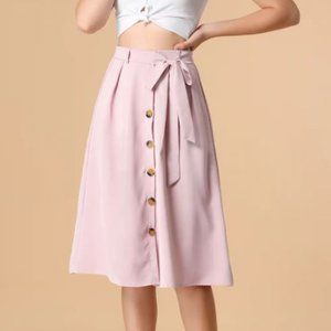 Allegra-K Button Front Casual High Waist Belted Midi Flare Skirt